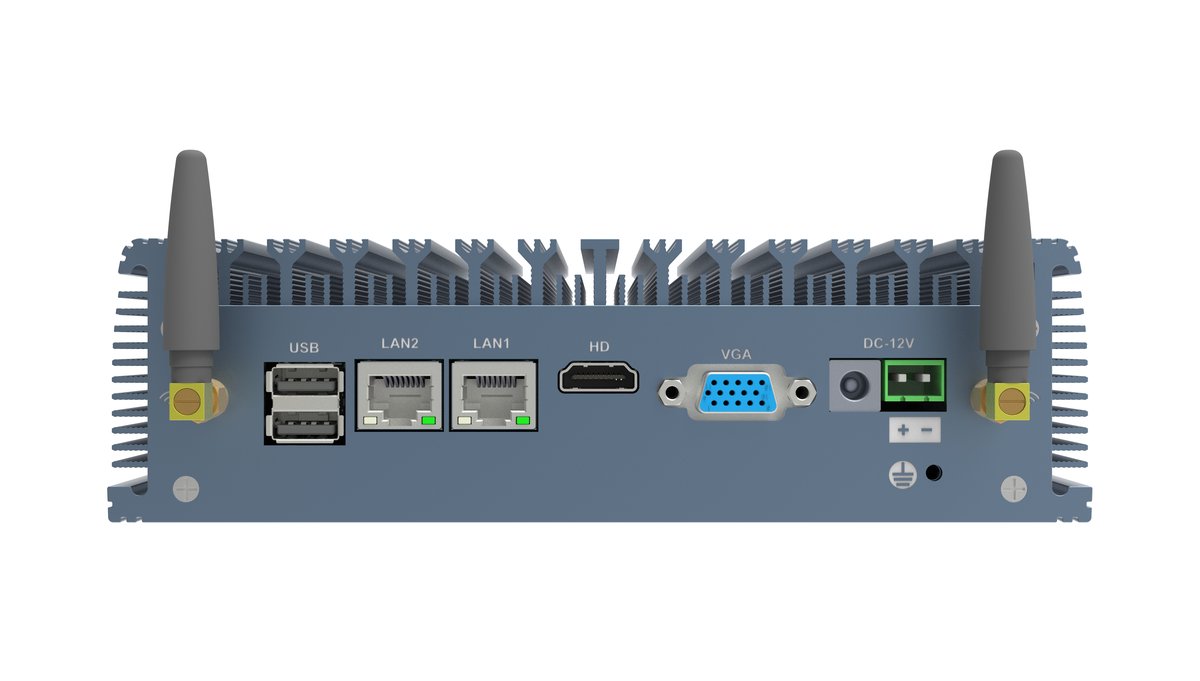 后面板：双千兆网口、HDMI、VGA、DC 12V 供电、WiFi 天线